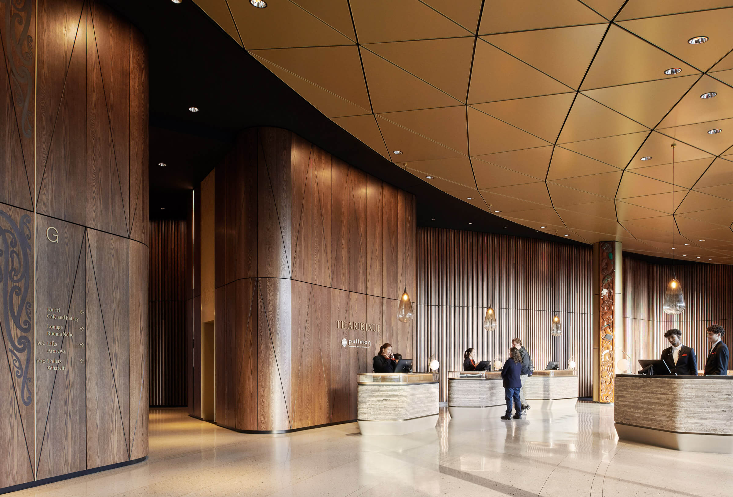 Te Arikinui Pullman Hotel at Auckland Airport Foyer featuring Sculptform Timber Batten Wall