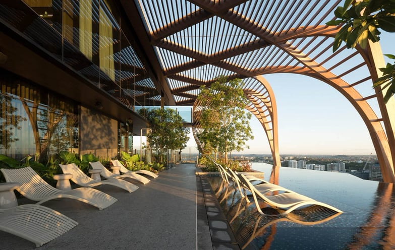 Sculptform Soffit blending out to the Sculptural Facade for rooftop pool on Upper House